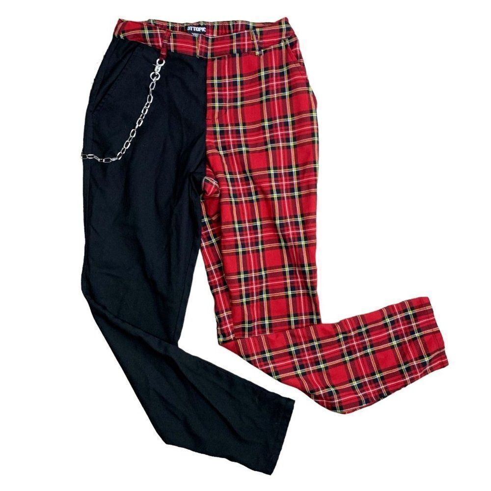 Hot Topic Split Leg Plaid Pants S Red Black Chain High Rise Elastic Gothic Punk